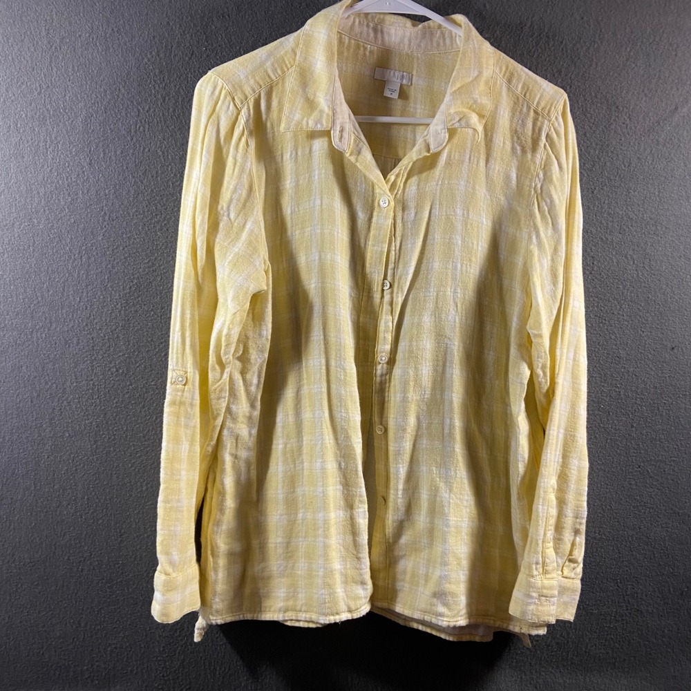 J.Jill cotton gauze top medium Shirt Plaid Roll Tab Sleeve Yellow layering